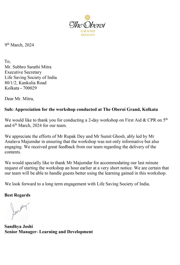 Appreciation letter for LSSI - THE OBEROI GRAND